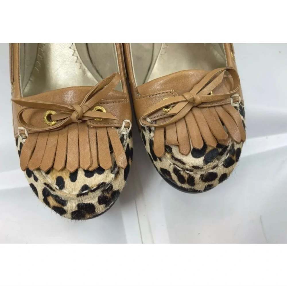 Sperry Sz 7.5 M Leopard Calf Hair Brown Leather Wedge Loafer Boat Shoe Kiltie